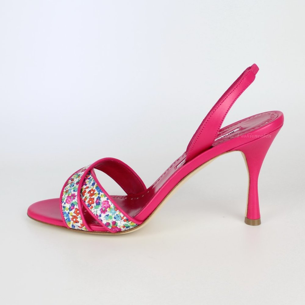 NEW MANOLO BLAHNIK Floral Leather Slingback Sandals - Work to Dinner Summer Heel - Picture 5 of 13